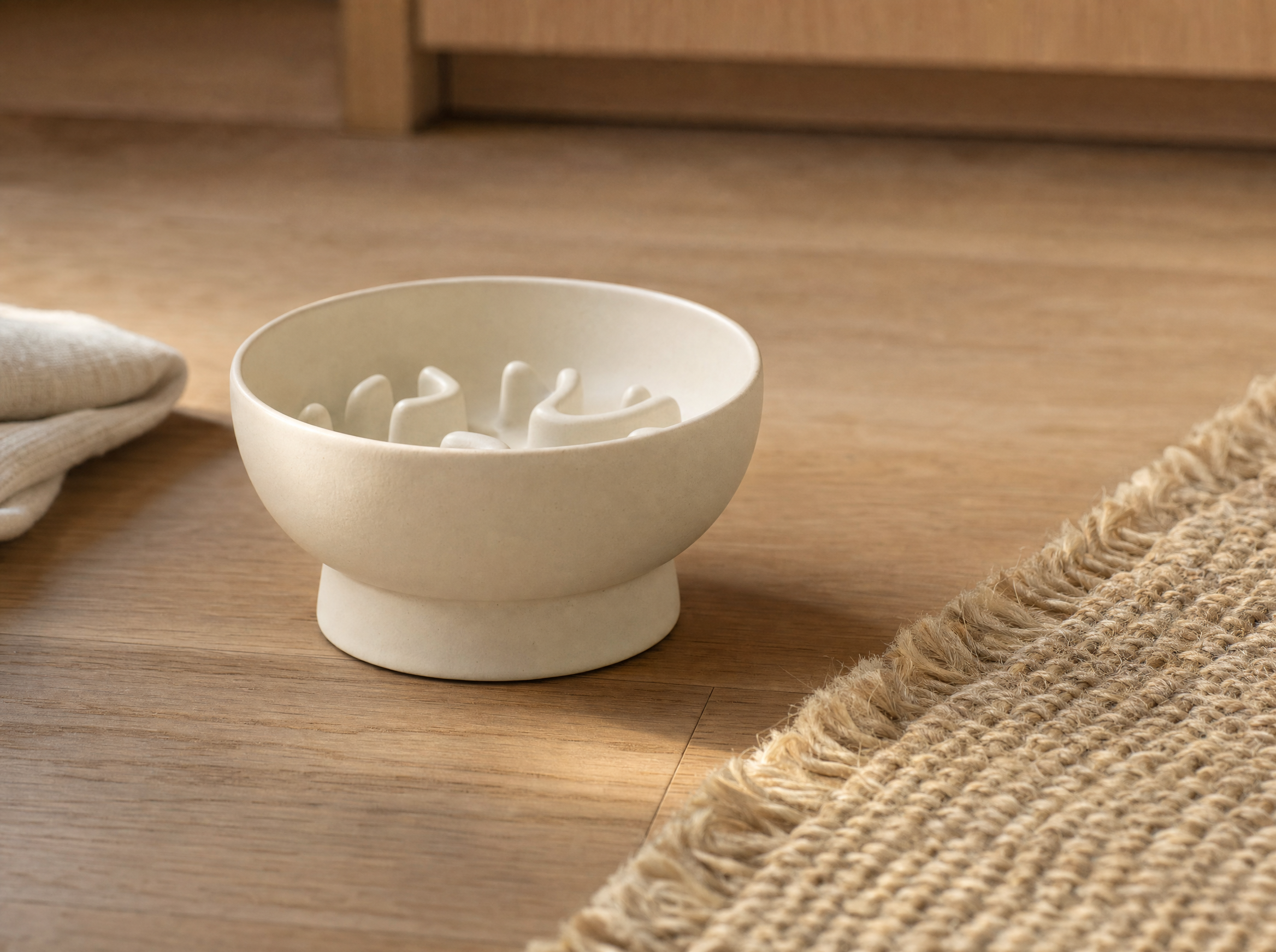 The bowl in vanilla cream, photographed on warm oak hardwood near a jute rug